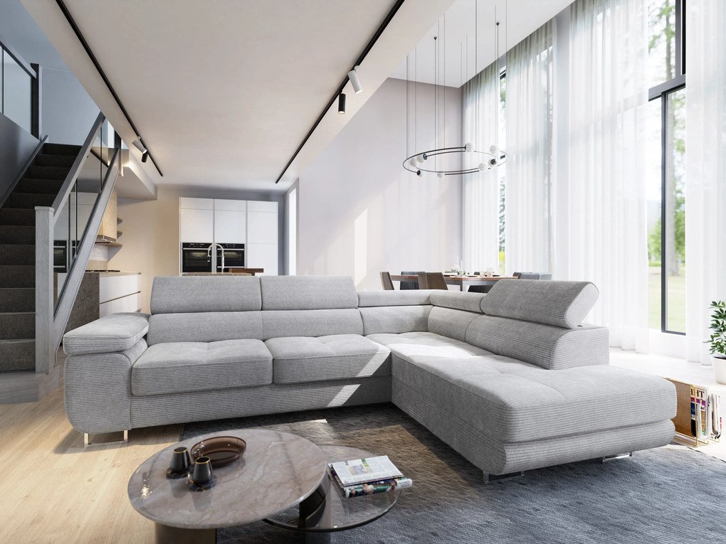Masseno Narożnik APIRO z funkcją spania i pojemnikiem na pościel Narozniki L, Rozkładana sofa - Jasnoszary, POSO 55