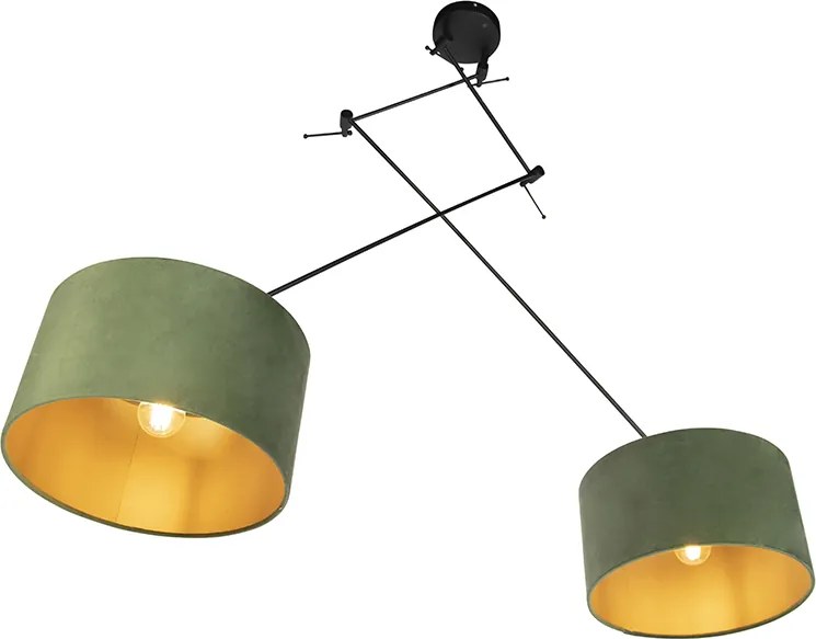 Lampa wisząca czarna z zielonymi i złotymi abażurami z weluru 35 cm 2-światłowa - Blitz
