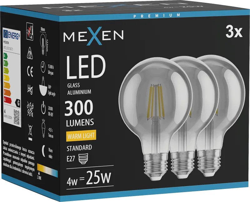Mexen Vintis 3x żarówka filament LED E27, G80, 4W, Ciepła - 2700K, 300 lm, smoke - L155-E27-0427-70x03