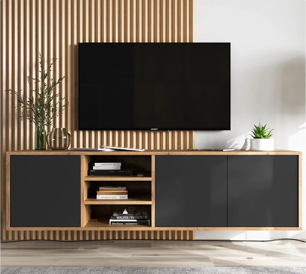 Szafka RTV NILA 2 150 dąb wotan/czarna mat