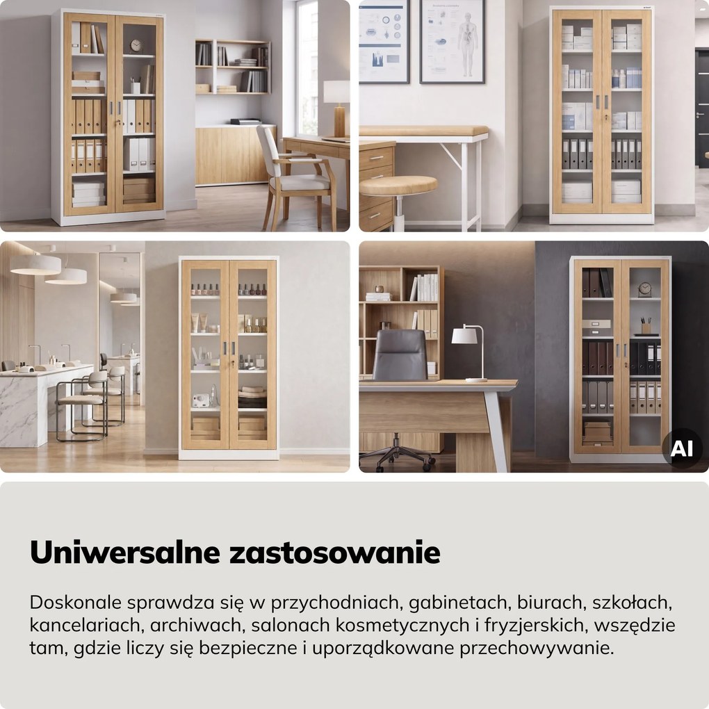 Witryna przeszklona metalowa wysoka z zamkiem biała/dąb sonoma, 900x1850x400 mm: AMELIA Eco Design