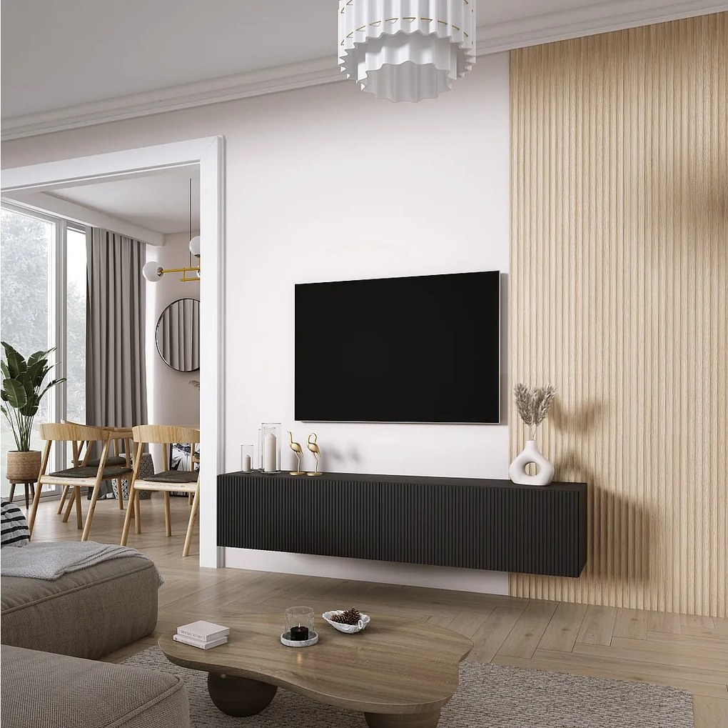 Szafka pod telewizor 170, fronty ryflowane, Czarny Mat, 170 × 32 × 33,6 cm