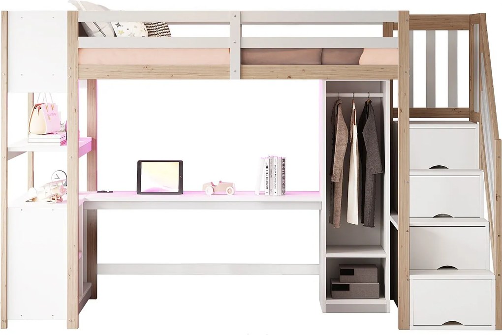 Łóżko piętrowe dla dzieci drewniane - 90 x 200 cm - z szafą + biurkiem + szafką + półką + drabinką + diodami LED - kolor biały + naturalny