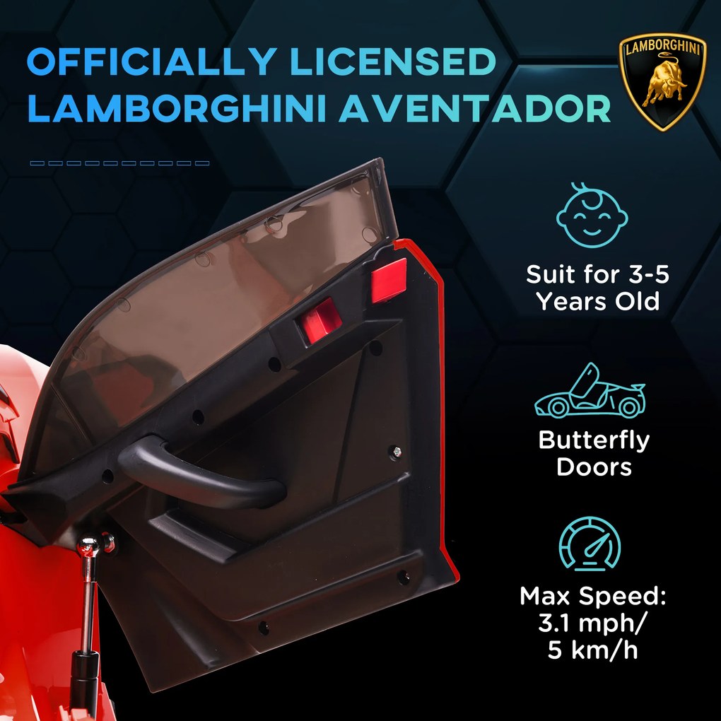 HOMCOM Elektryczny Samochód Dla Dzieci, Licencyjny Lamborghini Aventador, Drzwi Skrzydłowe, Muzyka, Klakson, Dla 3-5 Lat, czerwony