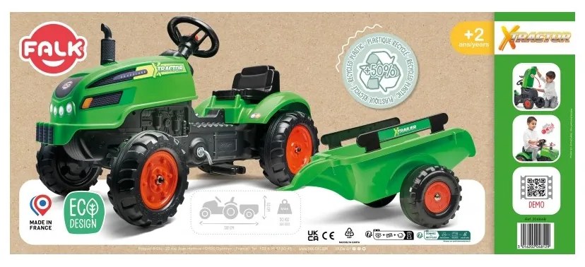 Falk traktorek x tractor zielony z przyczepką klakson od 2 lat