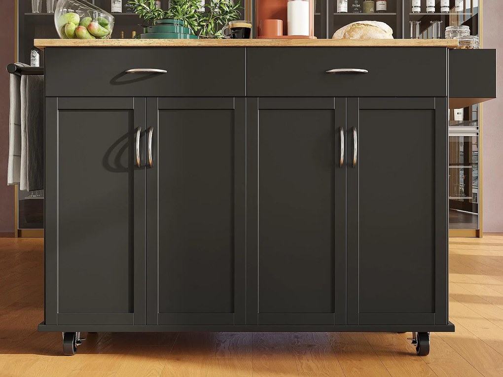 Wyspa kuchenna - wózek na kółkach z rozsuwanym blatem - 2 szuflady i 4 drzwi - Czarny