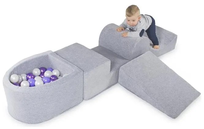 Piankowy zestaw do zabawy z suchym basenem 57x45x30cm/100 piłek 7cm, plac zabaw dla dziecka, 5 elementów, welurowy, jasnoszary, piłki: srebrne, biała perła, transparentne - meowbaby®