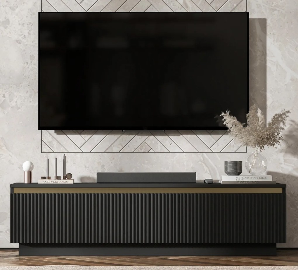 Ryflowana szafka RTV Selene 140 cm, stojąco/wisząca, kolor czarny