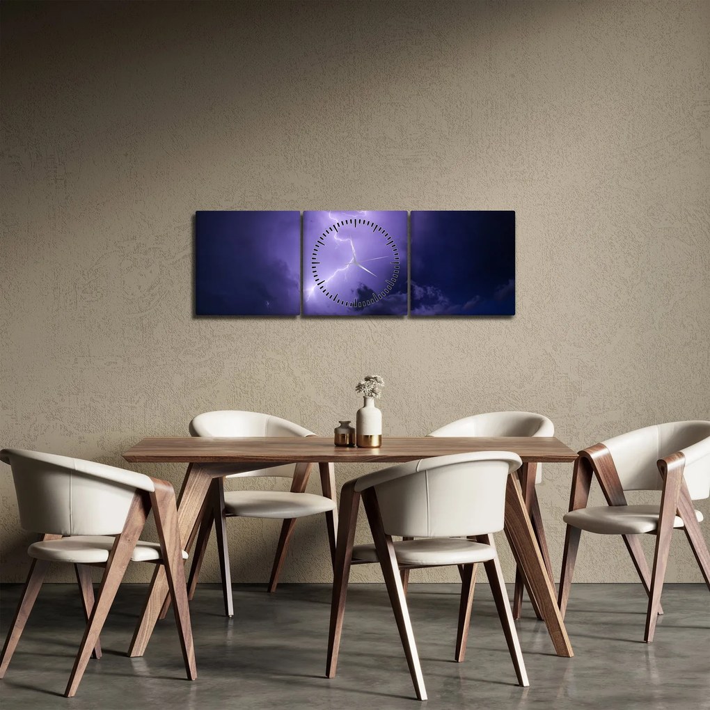 Obraz - fioletowe niebo i błyskawica (z zegarem) (90x30 cm)