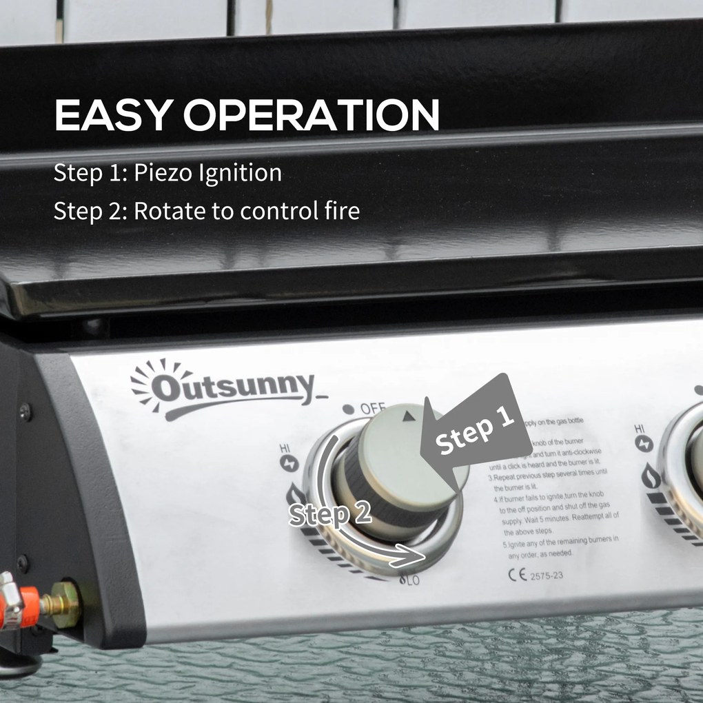Outsunny Grill Gazowy z 3 Palnikami, Wężem, Antyadhezyjną Płytą Grillową, Stal Nierdzewna, Kolor: Srebrny, 63 x 48 x 21 cm