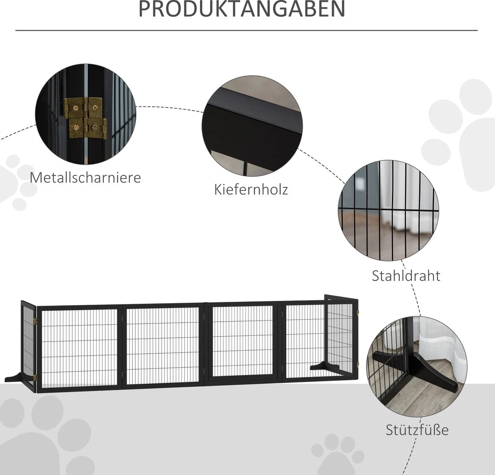 PawHut Barierka Ochronna dla Psów Składana z Drewna Sosnowego i Metalu Czarna 432x36x70cm | Aosom PL