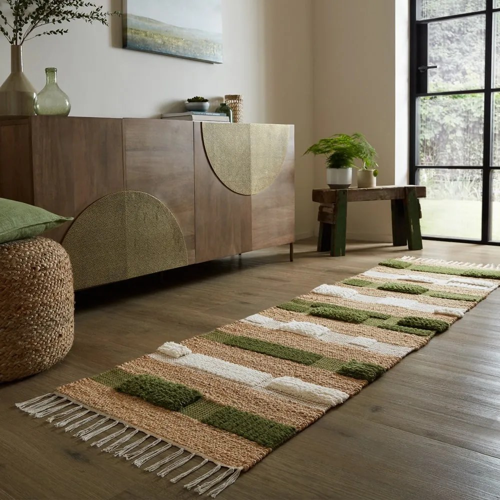 Zielono-naturalny chodnik z mieszanki juty tkany ręcznie 60x230 cm Medina Blocks – Flair Rugs