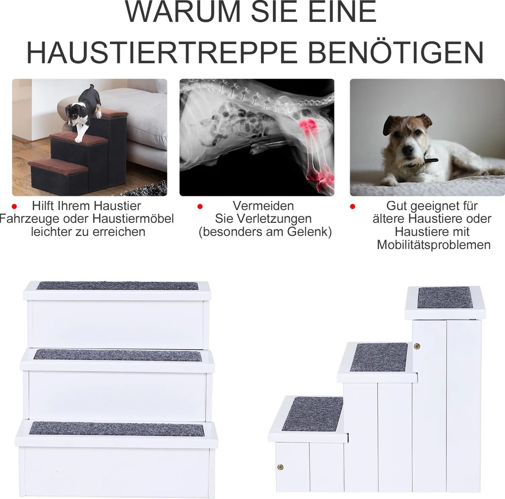 PawHut Schody dla Zwierząt Domowych z Wykładziną Dywanową Schowek Drewno Sosnowe Biały | Aosom PL