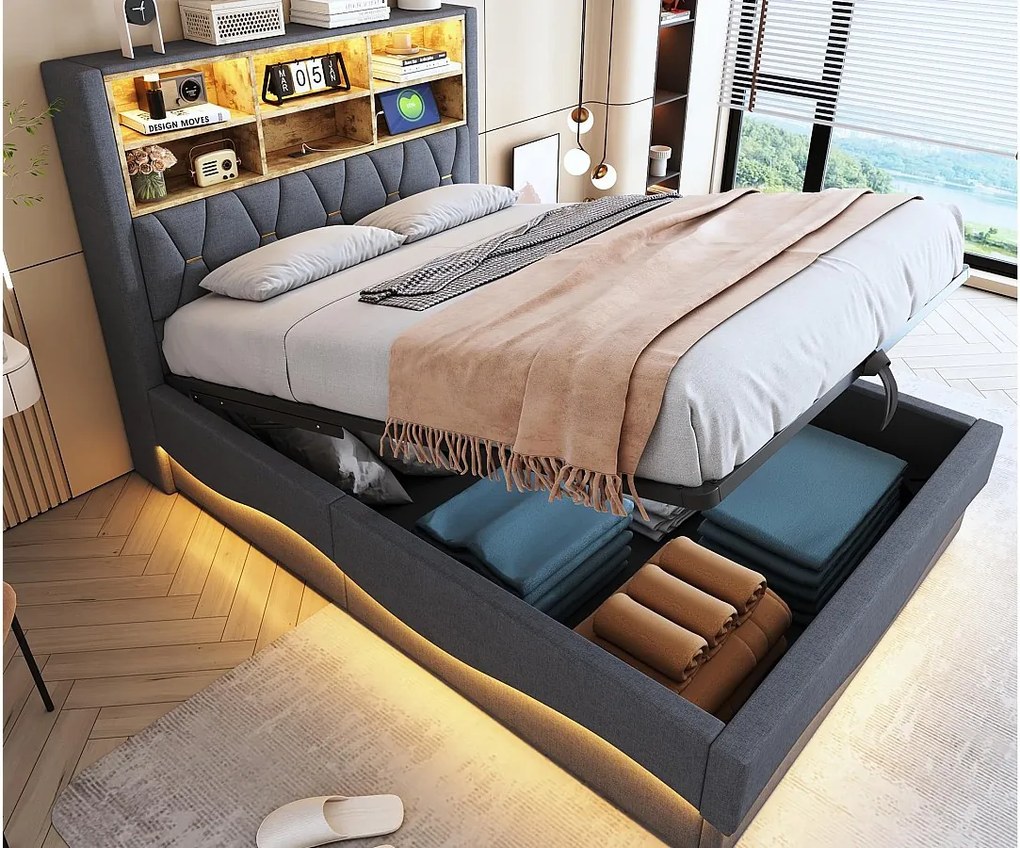 Łóżko dziecięce ze schowkiem 140x200 cm - z taśmą świetlną LED - z portem ładowania USB - len - szare (bez materaca)