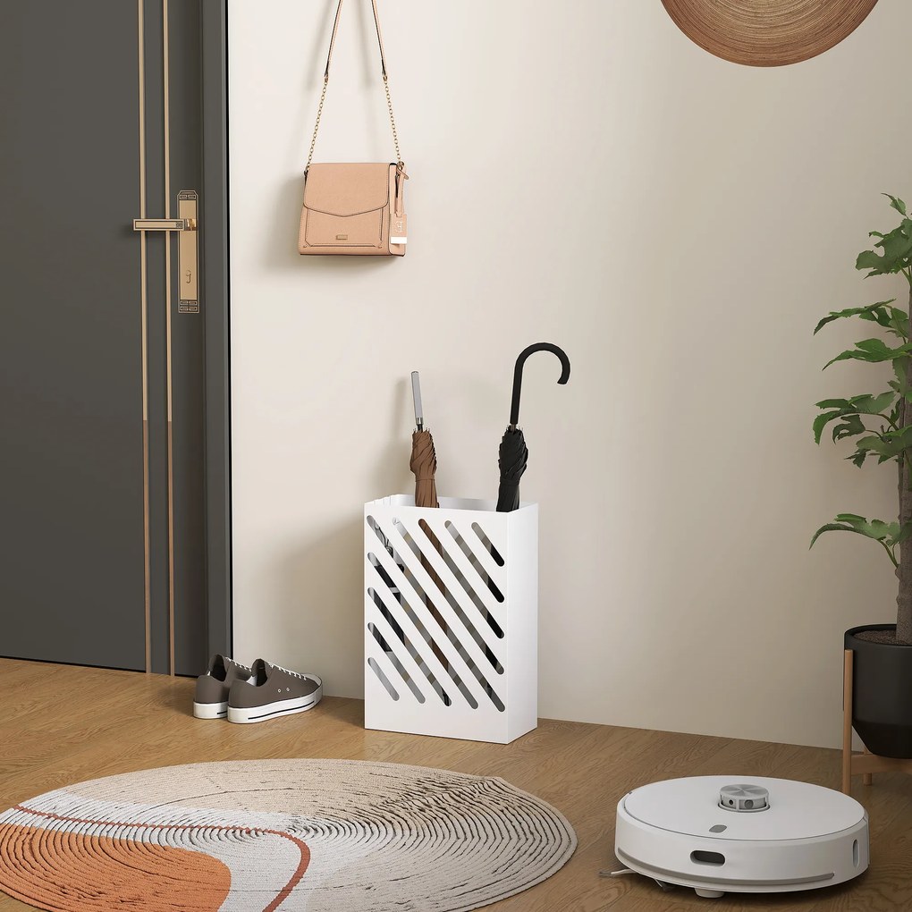 HOMCOM Stojak na parasole stalowy z tacką ociekową i 4 hakami biały nowoczesny design | Aosom PL