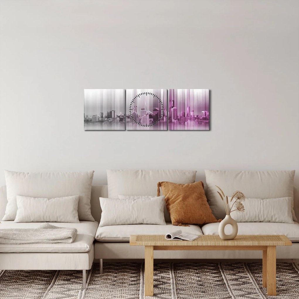 Obraz - Panorama miasta, różowo- szara (z zegarem) (90x30 cm)
