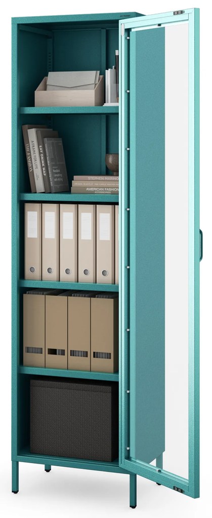 Witryna szklana do salonu wąska morska / turkusowa Modern LUIGI 500 x 1800 x 350 mm