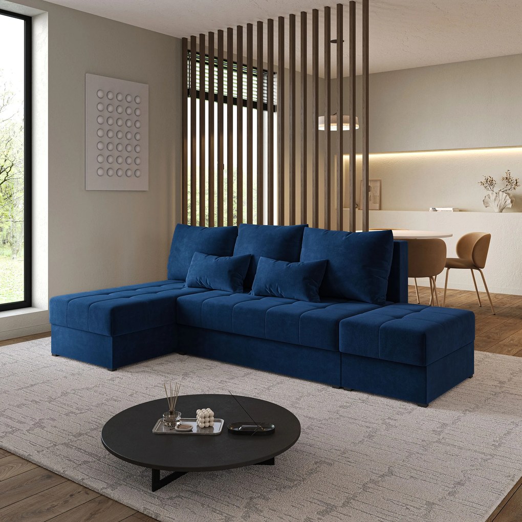 Masseno Narożnik NORVI z funkcją spania i pojemnikiem na pościel Narozniki L, Rozkładana sofa - Niebieski, KRONOS 09