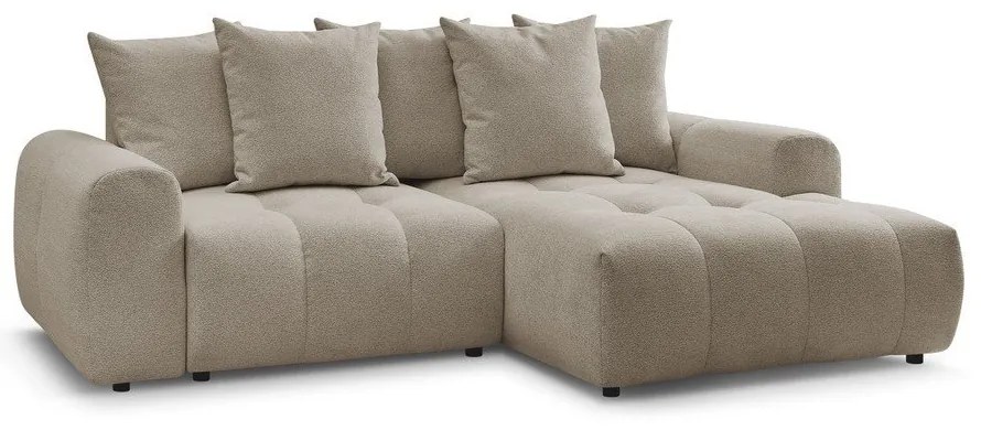 Beżowy rozkładany narożnik z tkaniny szenilowej ze schowkiem (prawostronny/z szezlongiem) Roxelane – Bobochic Paris