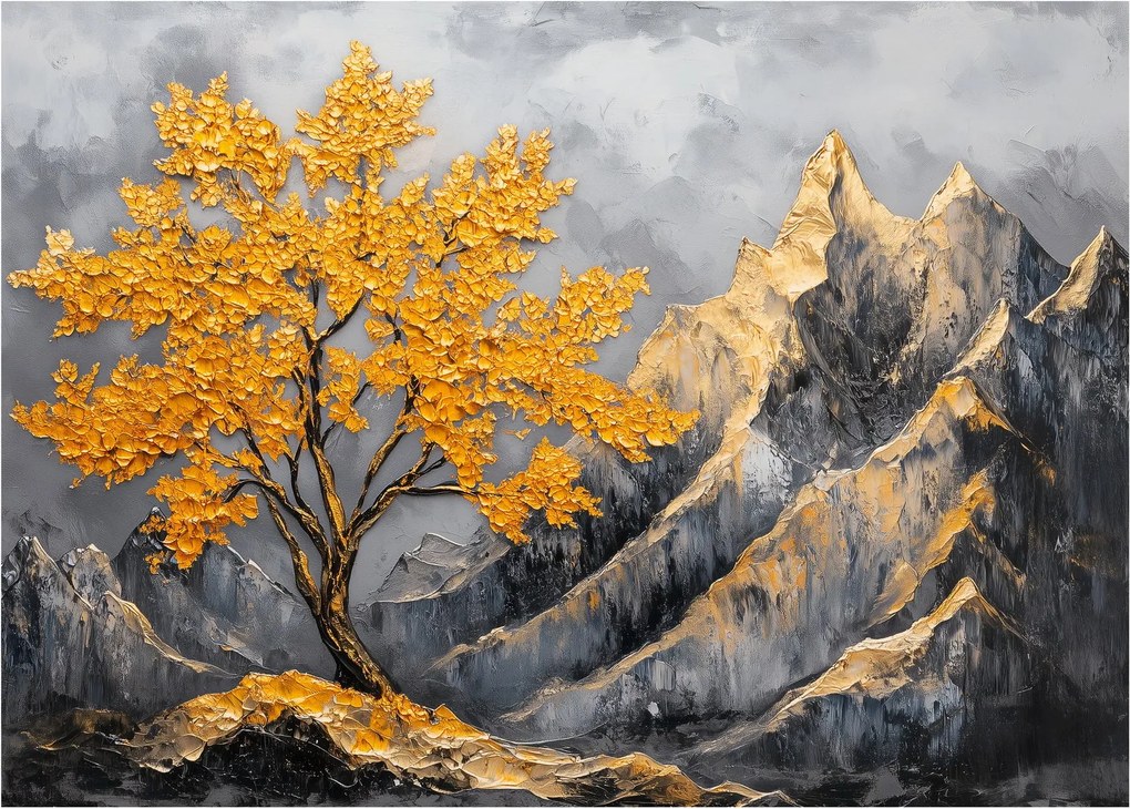 Obraz na szkle – Złote drzewo w górach (70x50 cm)