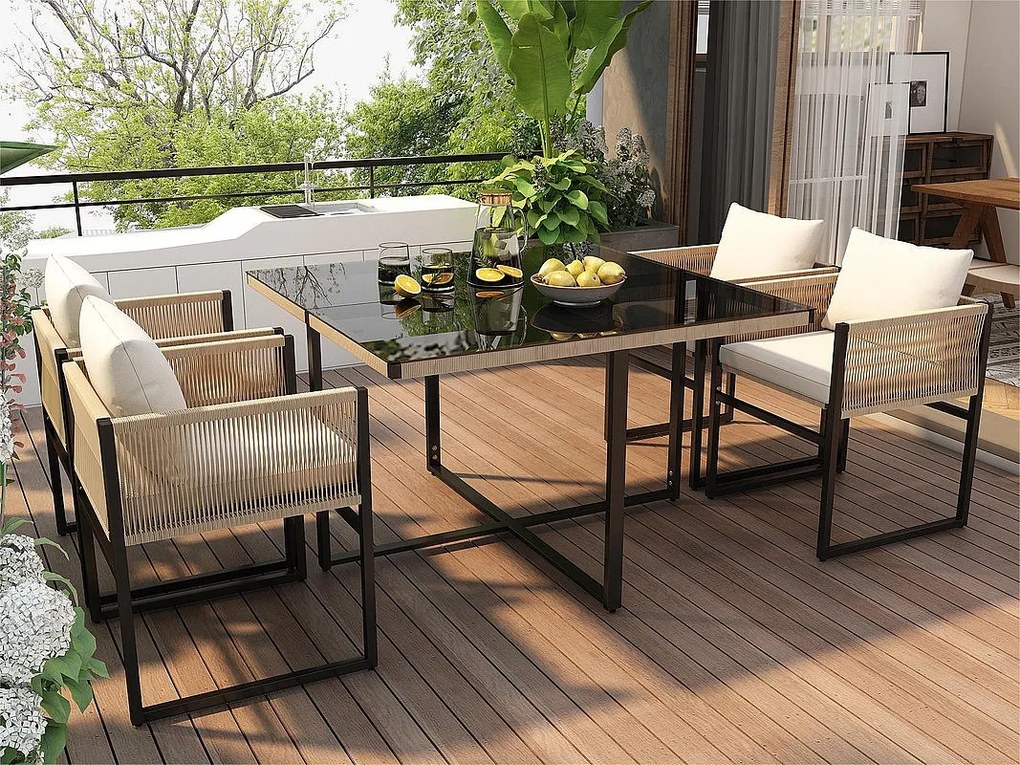 Zestaw stół i krzesła ogrodowe - 4 miejsca - 1 stół i 4 krzeseł ozdobionych sznurkiem - Beżowy