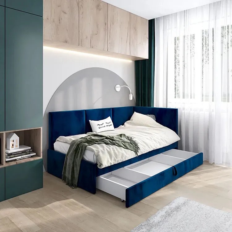 Granatowe welwetowe łóżko narożne W6-H36