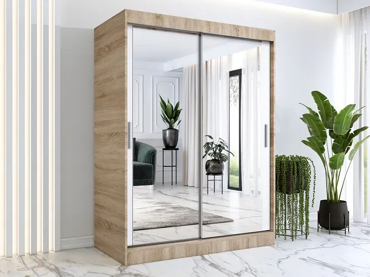Szafa przesuwna z lustrem 150 cm dąb sonoma + biały R3-N80