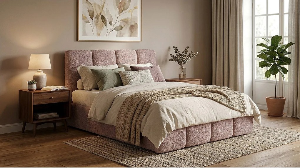 Stylowe łóżko tapicerowane KORA 140x200 cm w tkaninie CENTAUR 5 różowej