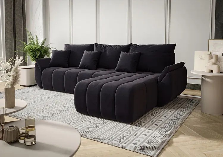 Czarna welurowa sofa z pojemnikiem na pościel - Ogebis