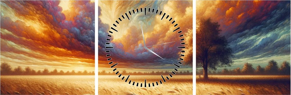 Obraz – Drzewo na polu (z zegarem) (90x30 cm)