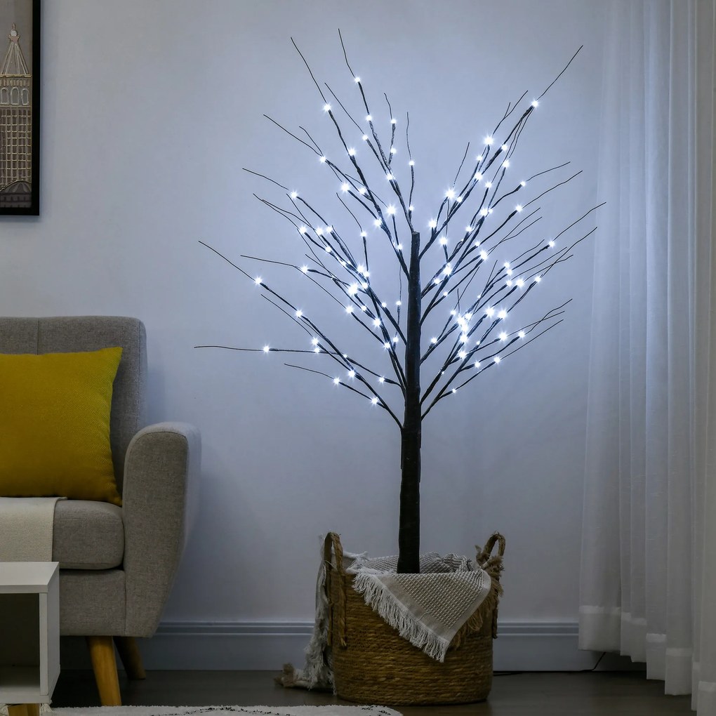 HOMCOM Sztuczna Brzoza z Oświetleniem LED, 96 ciepłych białych Mikro-LEDów, 150 cm, Brązowa