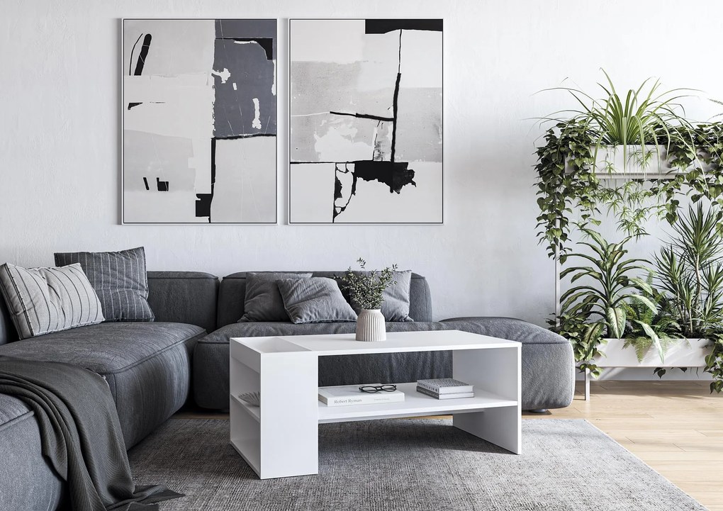 Prostokątna ława z dodatkowymi półkami biała 100/55/42 MURCIA