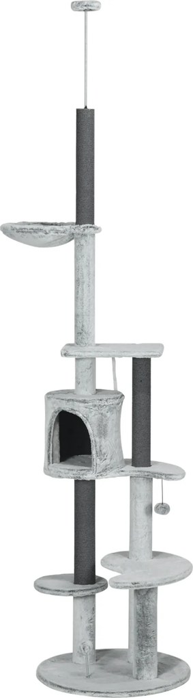 PawHut Drapak dla Kotów z Napinaczem Sufitowym, Hamakiem, Domkiem, Platformami, Piłką, 225-255cm, Szary