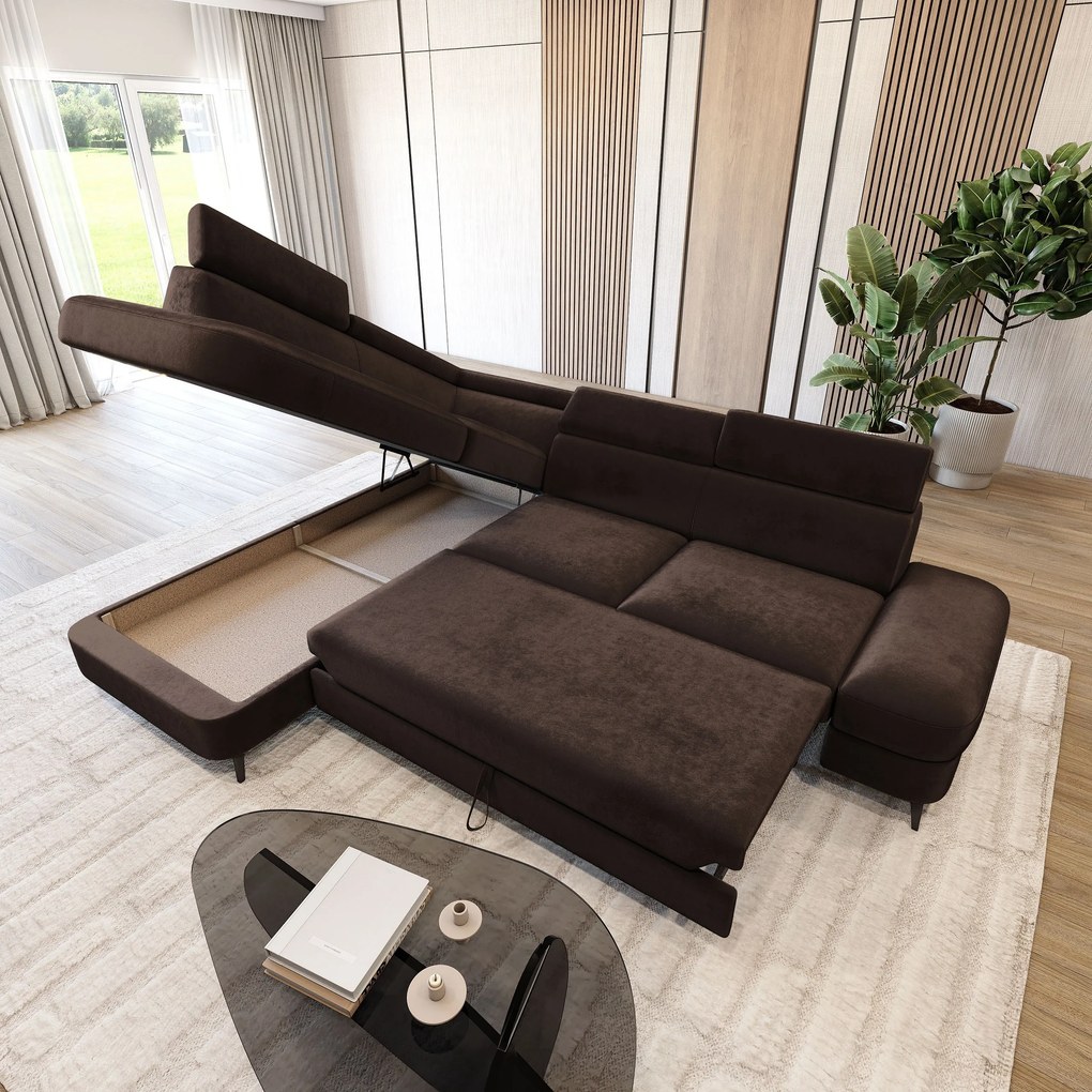 Masseno Narożnik AVISE z funkcją spania i pojemnikiem na pościel Narozniki L, Rozkładana sofa - Brązowy, MONOLITH 29