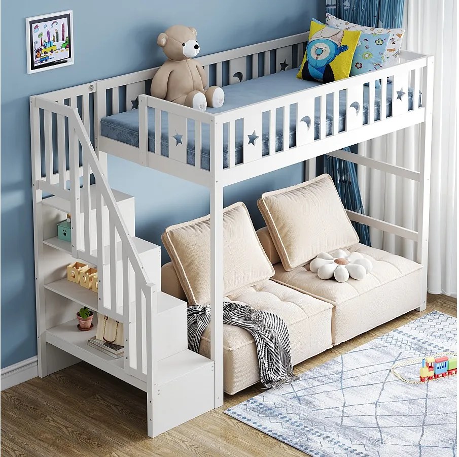 Łóżko piętrowe dla dzieci - 90 x 200 - ze schowkiem w schodach + barierka ochronna - drewno + MDF - białe