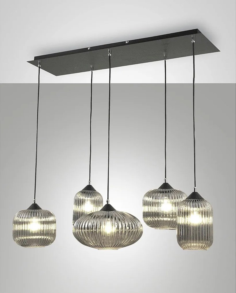 Lampa wisząca Gillis z metalu i dymionego szkła dmuchanego 5x E27 40W 90x25x200cm - Elegancki design do nowoczesnych i wyrafinowanych wnętrz