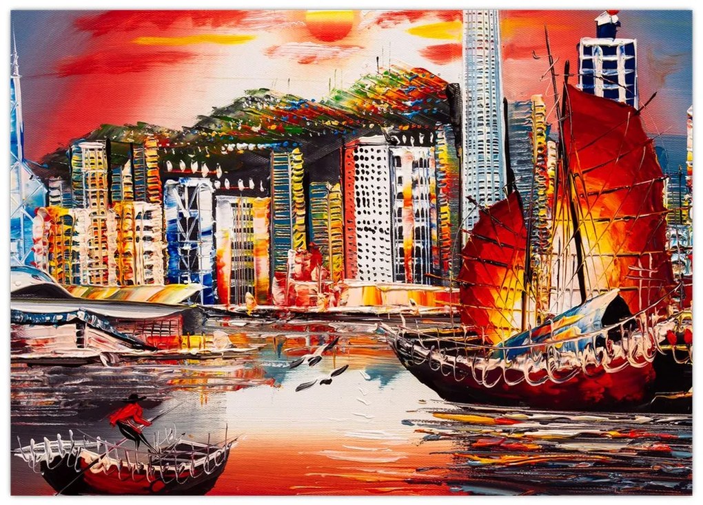 Obraz - Victoria Harbor, Hong Kong, obraz olejny (70x50 cm)