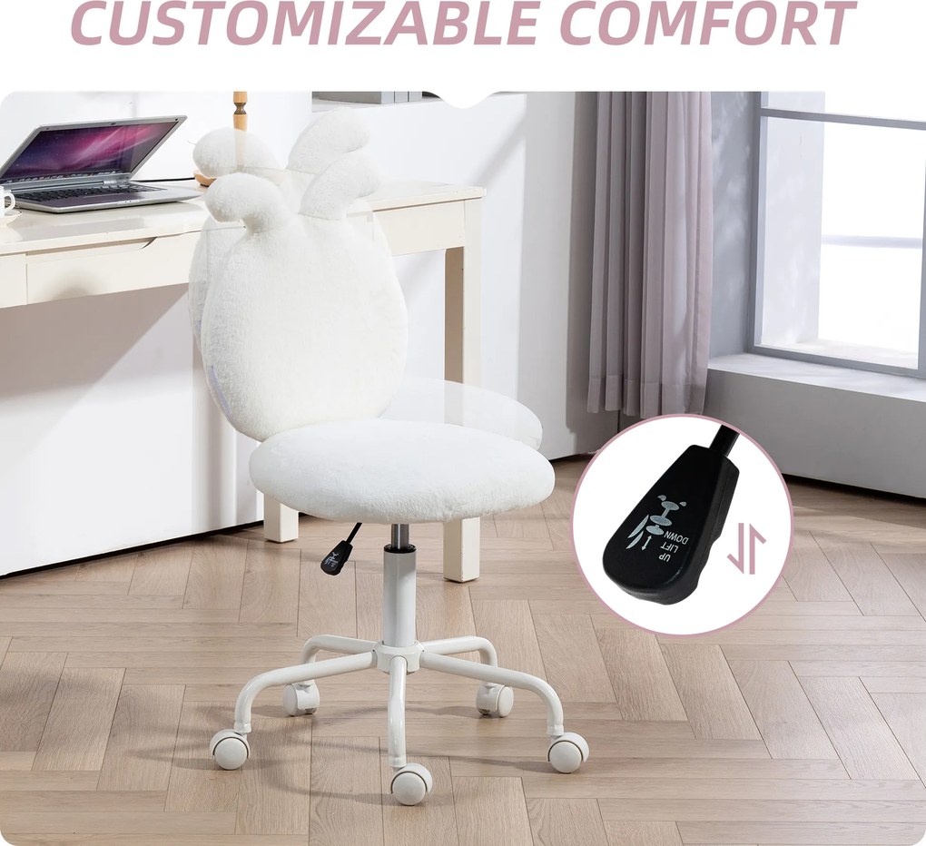 HOMCOM Krzesło Obrotowe z Uszami Królika, Biurowe na Kółkach, z Sztucznego Futra, Białe