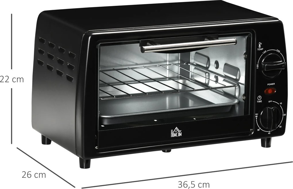 HOMCOM Mini Piekarnik Toster z Blachą i Rusztem Grillowym Czarny 365x26x22 cm z Funkcją Timera | Aosom PL