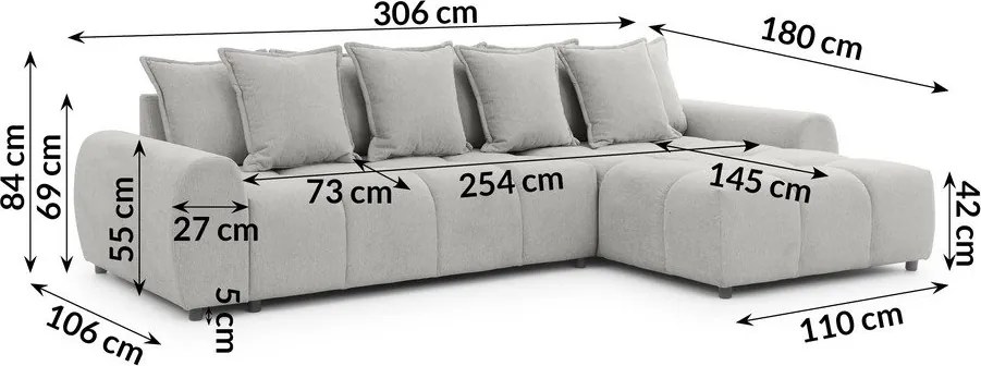 Jasnoszary narożnik (prawostronny/z szezlongiem) Albane – Ropez