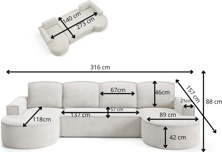 Narożnik MOLLY XL wolnostojący układ U z funkcją spania w tkaninie Abriamo 03 DomoHome
