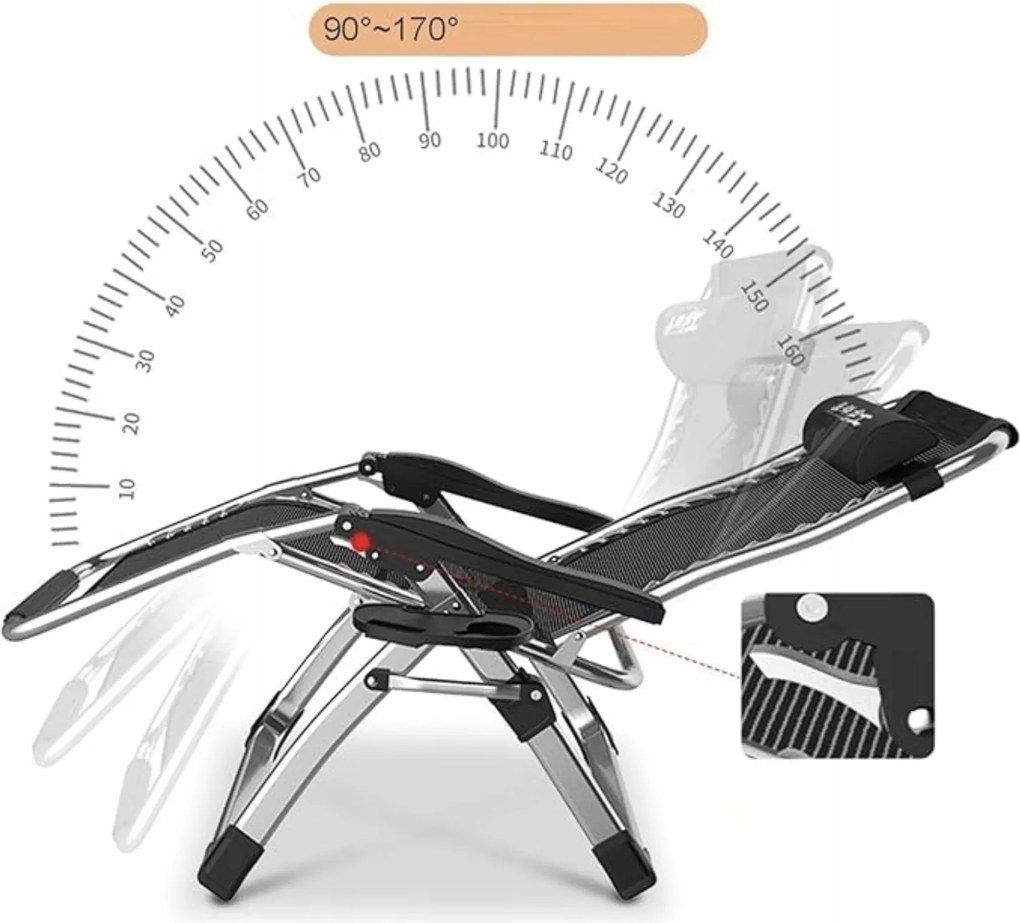 Leżak ogrodowy składany Solano z poduszką i uchwytem na napoje, czarny