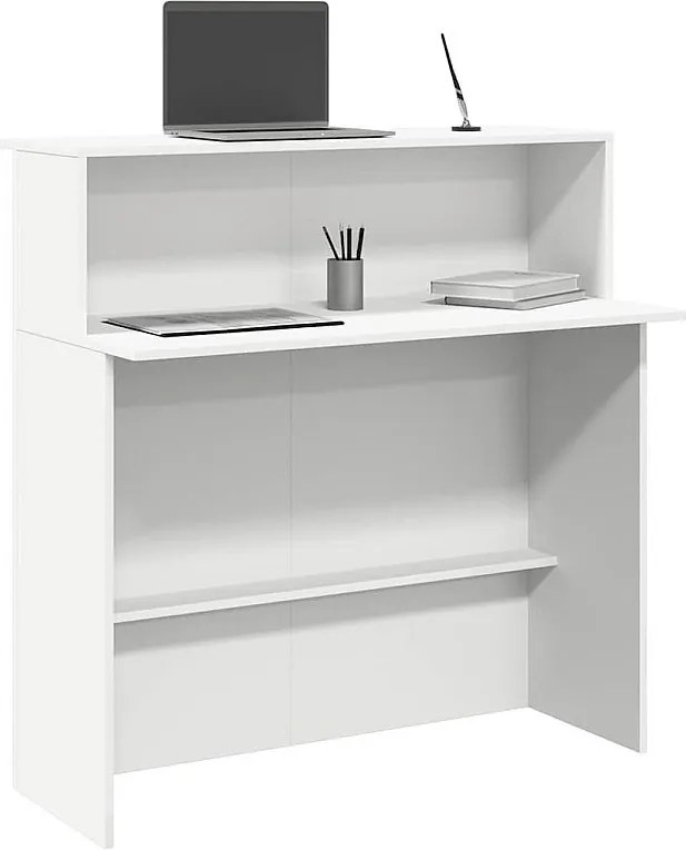 Biały biurko recepcyjne 100x50x103,5 cm z drewna inżynieryjnego z wbudowanym schowkiem i mocowaniem ściennym
