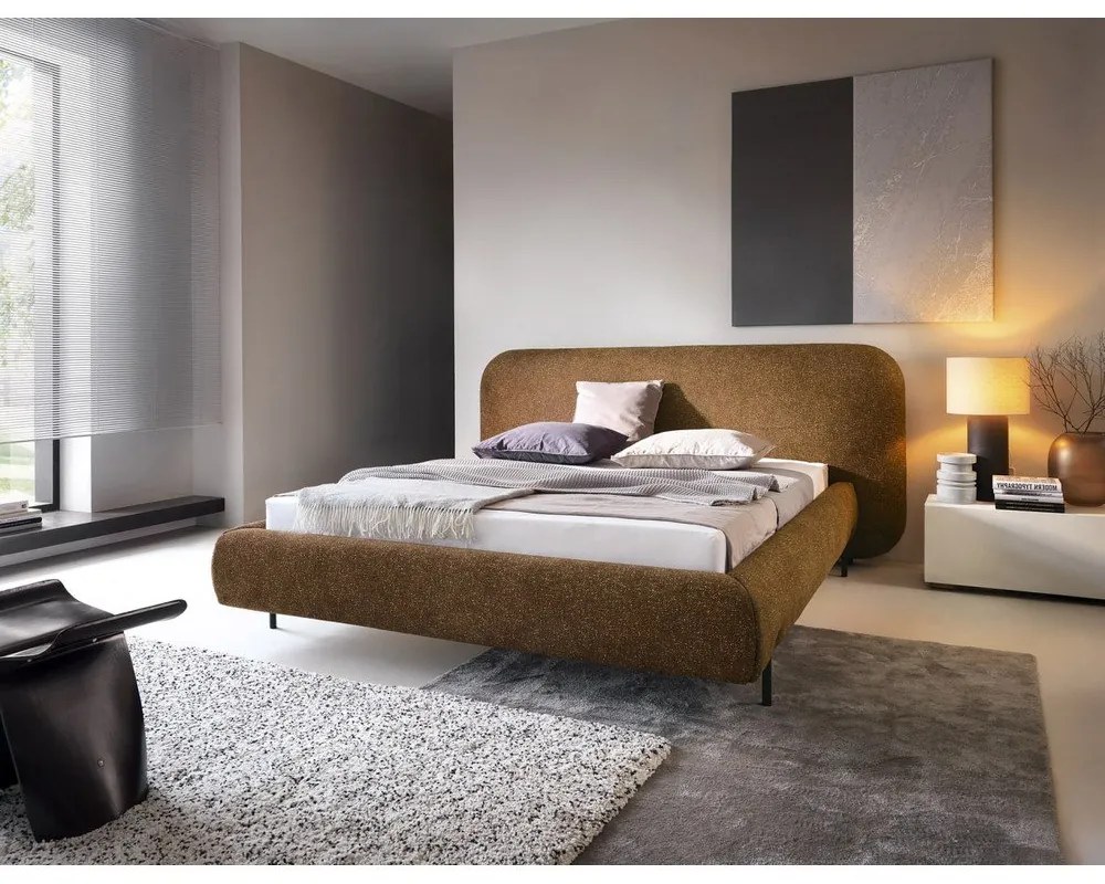 Tapicerowane łóżko dwuosobowe ze schowkiem ze stelażem 180x200 cm w kolorze ochry Pointt – ELTAP