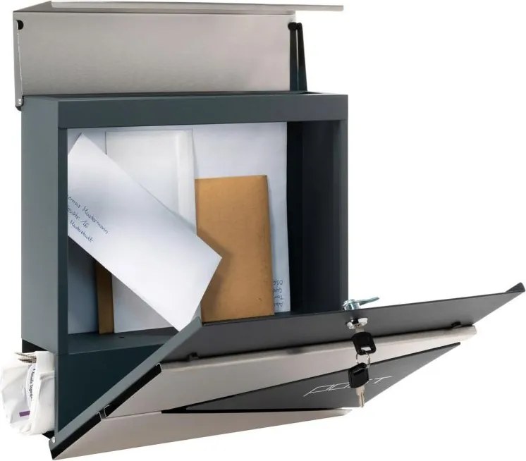 Skrzynka na listy z przegrodą na gazety, srebrna, 2 klucze