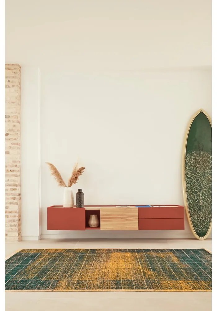Ceglasto-naturalna szafka pod TV w dekorze dębu 180x45 cm Otto – Teulat