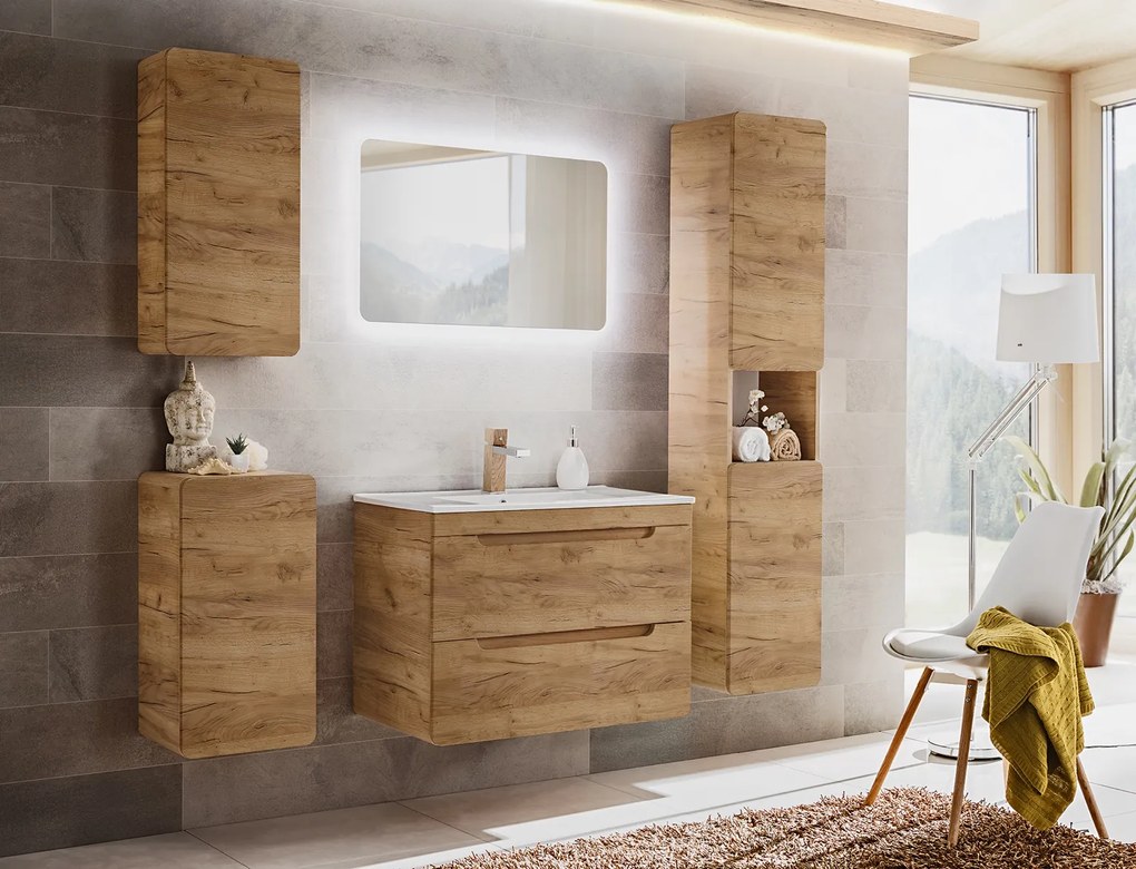 Szafka łazienkowa boczna, wisząca Aruba 830 FSC, dąb craft złoty