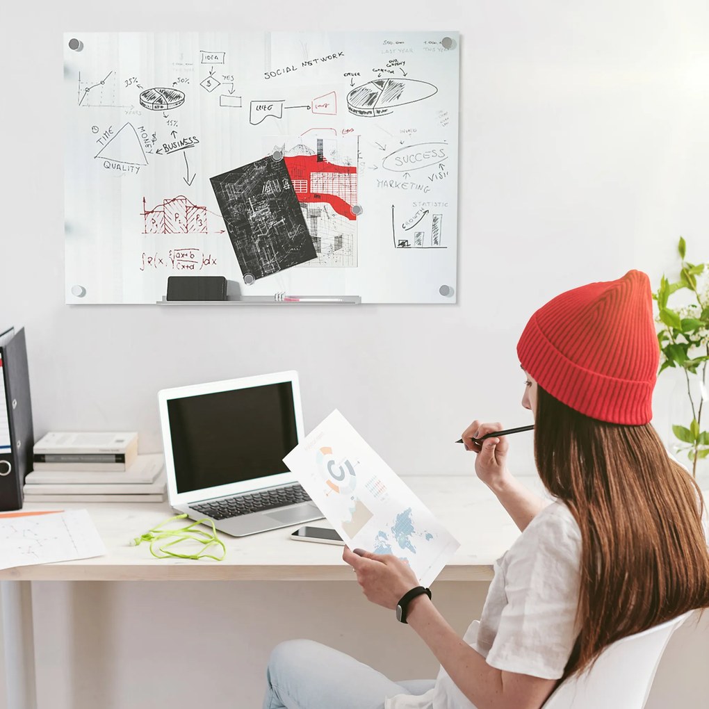 Vinsetto Zestaw tablicy białej magnetycznej z markerami i gumką 90x60x04 cm Biała | Aosom PL