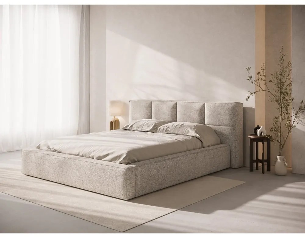 Beżowe tapicerowane łóżko dwuosobowe ze schowkiem i stelażem 180x200 cm Simon – Micadoni