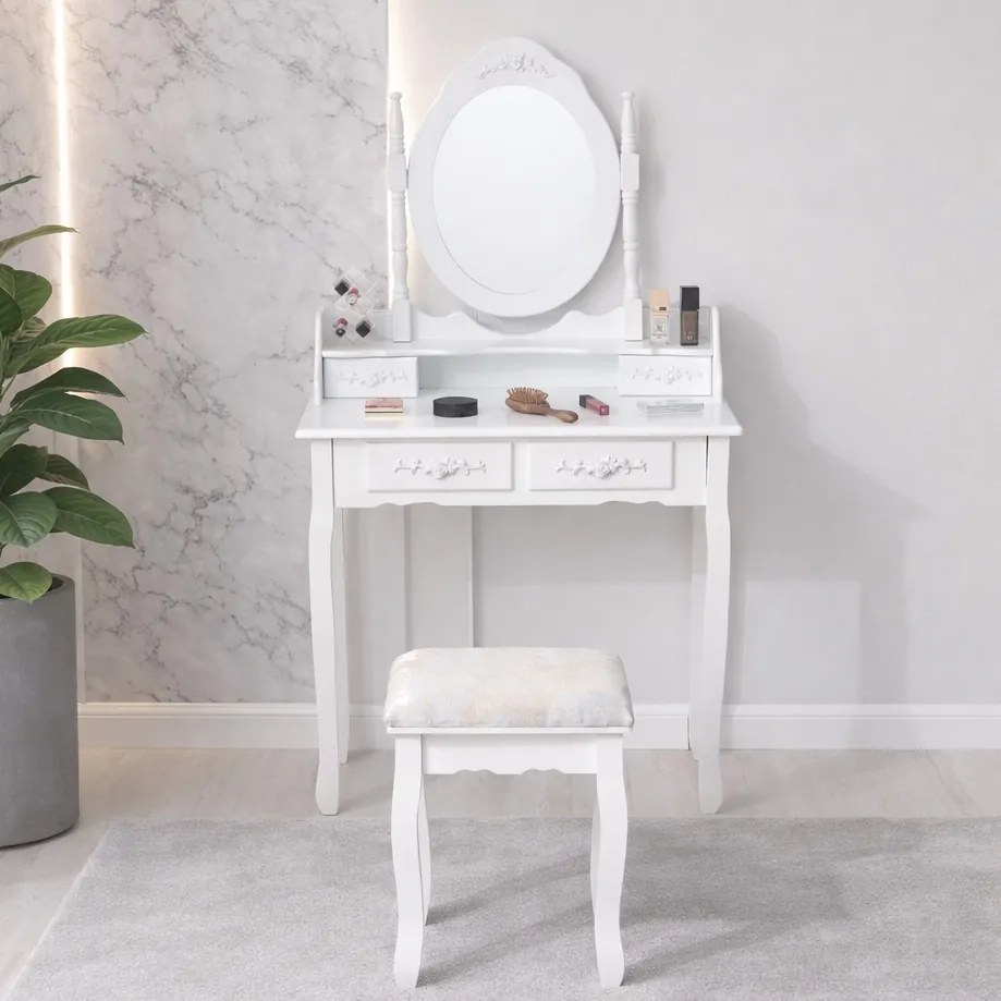 Toaletka retro z lustrem i taboretem Noemi DT04, kolor biały